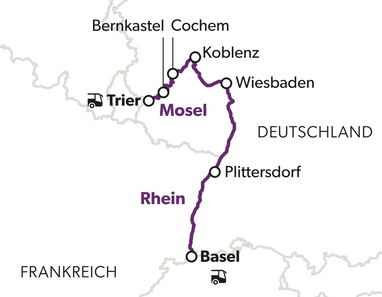 Karte der Route entlang Mosel und Rhein von Trier nach Basel.