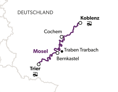 Karte von Deutschland mit einer markierten Route entlang der Mosel, die Städte wie Trier und Koblenz verbindet.