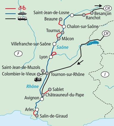 Rad- und Busroute in Frankreich mit Flüssen Saône und Rhô.