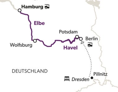 Karte mit Routenmarkierungen und Städtenamen in Deutschland.