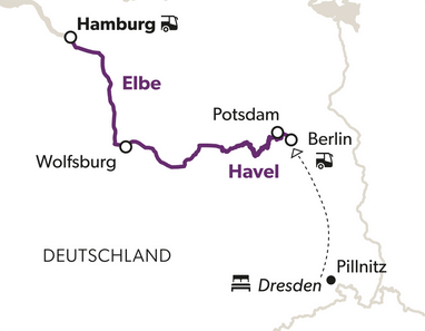 Karte mit Routenmarkierungen und Städtenamen in Deutschland.