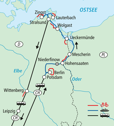 Karte von Rad- und Bahnstrecken in Deutschland mit Städten und Routen.