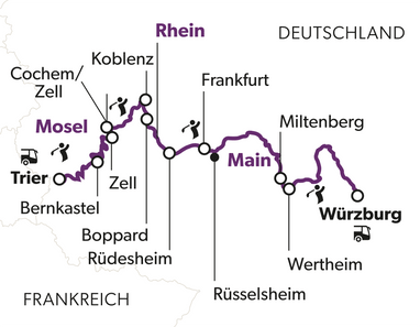 Flusskarte von Mosel und Main in Deutschland.