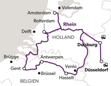 Karte mit Reiseroute durch Holland und Belgien, einschliesslich Städtenamen und Routenverlauf.