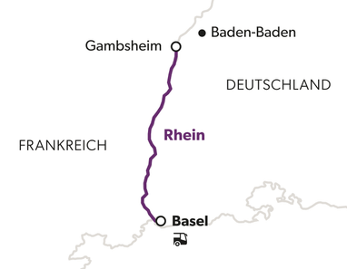 Karte der Route von Basel nach Baden-Baden entlang des Rheins.