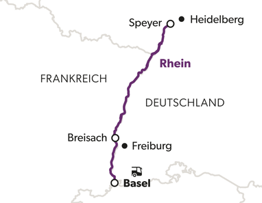 Karte der Rheinstrecke zwischen Heidelberg und Basel mit markierten Städten.