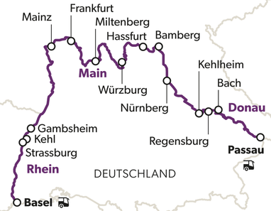 Karte der Flussroute in Deutschland mit Städten und Flüssen Rhein, Main, Donau.
