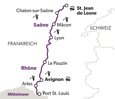 Karte der Route entlang der Saône und Rhône in Frankreich.