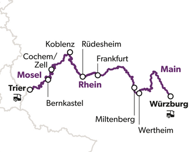 Karte der Rhein-Main-Mosel-Route mit Städten und Flüssen.