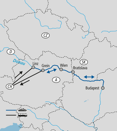 Karte mit markierten Städten und Flussroute in Mitteleuropa.
