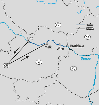 Karte mit Linien zwischen Städten in Mitteleuropa.