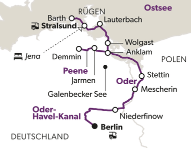 zu-den-kranichzuegen-an-der-ostseekueste-9.jpg Karte zeigt Reiseroute von Stralsund nach Berlin durch Ostdeutschland und Polen.