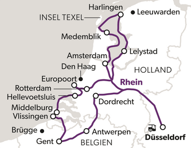 Karte mit Städten und Routen in Mitteleuropa, darunter Düsseldorf, Antwerpen und Amsterdam.