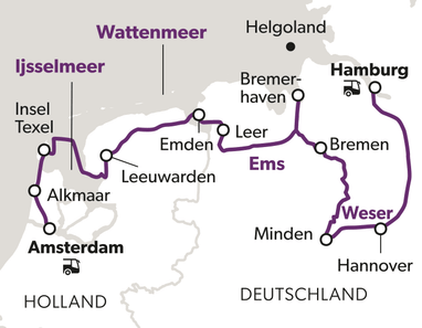 Karte mit Route von Amsterdam nach Hamburg durch Norddeutschland.