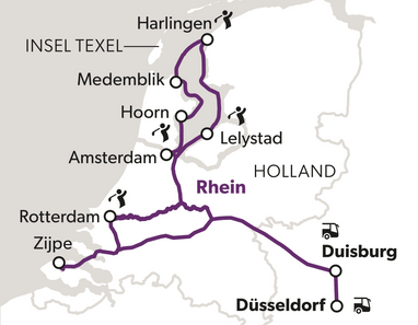 Karte der Niederlande und Deutschland mit markierten Städten und Routen.