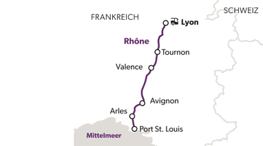 Flussverlauf der Rhône von Lyon zum Mittelmeer.