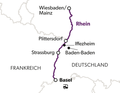 Karte mit Route von Wiesbaden/Mainz nach Basel entlang des Rheins.