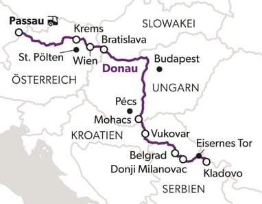 Karte mit einer Route entlang der Donau durch Österreich, Slowakei, Ungarn, Kroatien und Serbien.
