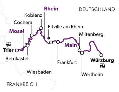 Karte mit Städten entlang der Flüsse Rhein, Mosel und Main in Deutschland und Frankreich.