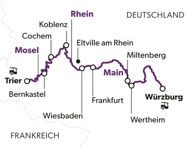 gartenwelten-an-drei-fluessen-7.png Karte mit Städten entlang der Flüsse Rhein, Mosel und Main in Deutschland und Frankreich.