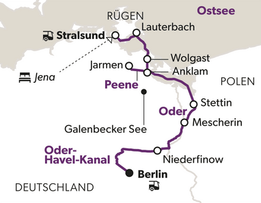 Karte von Deutschland und Polen mit hervorgehobenen Städten und Routen.