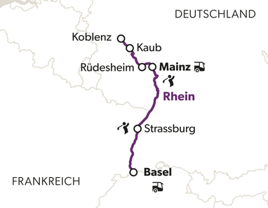 Karte mit Rhein-Route von Koblenz nach Basel durch Mainz und Strassburg.