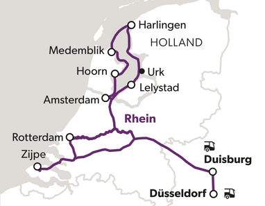 Karte mit Reiseroute zwischen verschiedenen Städten in Holland und Deutschland.