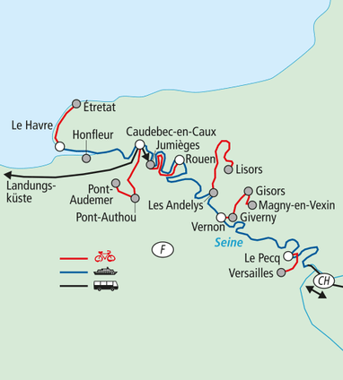 Karte der Seine mit Fahrradrouten und Häfen, von Le Havre bis Versailles.