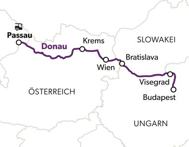 Karte der Donau mit Route von Passau nach Budapest.