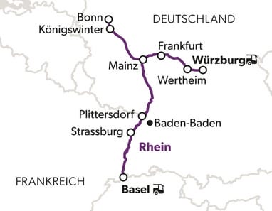 Karte mit einem Zugstreckennetz zwischen verschiedenen Städten in Deutschland und Frankreich.