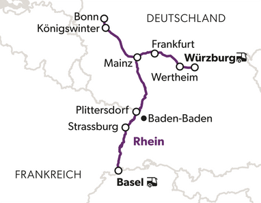 Karte mit einem Zugstreckennetz zwischen verschiedenen Städten in Deutschland und Frankreich.