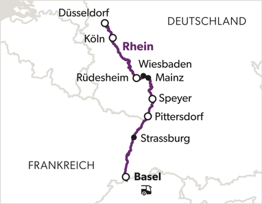 Karte des Rheins mit Städten Düsseldorf, Köln, Wiesbaden, Mainz und Basel.