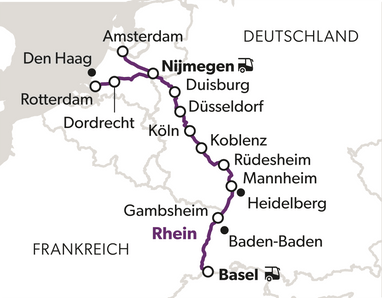 Karte mit einer Zugstrecke von Amsterdam nach Basel durch Deutschland.