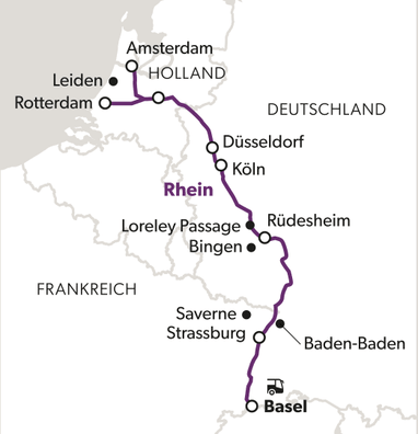 Karte der Reiseroute von Amsterdam nach Basel entlang des Rheins.