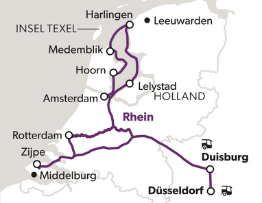 Karte mit violetten Linien, die Städte und Routen in den Niederlanden und Deutschland verbinden.