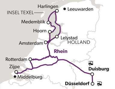 nordholland-und-das-ijsselmeer-8.png Karte mit violetten Linien, die Städte und Routen in den Niederlanden und Deutschland verbinden.