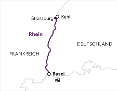 Karte mit Zugstrecke von Strassburg über Kehl nach Basel.