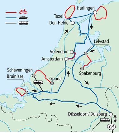 Karte mit Routen für Fahrrad und Bus in den Niederlanden und Deutschland.