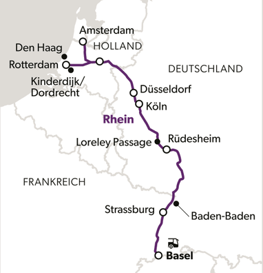 Karte der Route von Amsterdam nach Basel entlang des Rheins.
