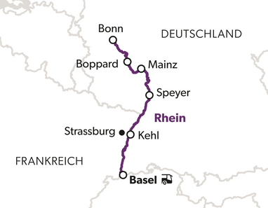 Karte mit markiertem Zugstrecke von Bonn durch Deutschlang nach Basel.