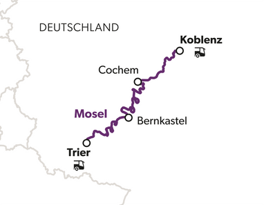 Karte mit Route der Mosel in Deutschland, markiert mit Städtenamen.