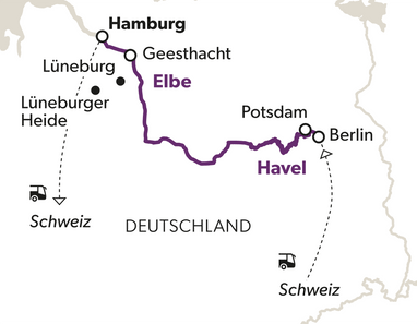 Karte Deutschlands mit eingezeichneten Städten und Flussverlauf von Elbe und Havel.