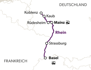 Karte mit Route entlang des Rheins von Basel nach Koblenz.