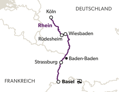 Karte mit violetter Route entlang des Rheins von Köln nach Basel.