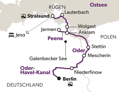 Karte mit markierten Orten und einer eingezeichneten Route in Deutschland und Polen.