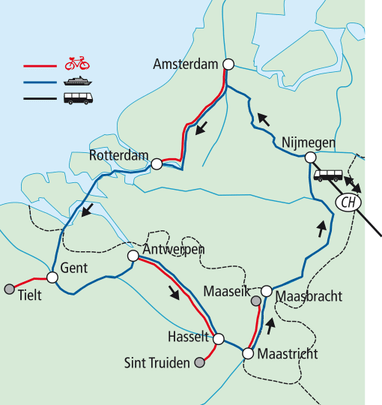 Karte mit Rad-, Schiffs- und Busrouten in den Niederlanden und Belgien.