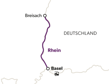 Karte der Strecke von Breisach nach Basel entlang des Rheins.