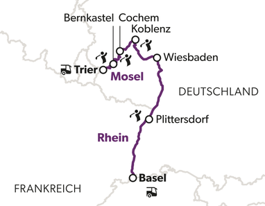 Karte mit Rhein- und Mosel-Route durch Deutschland von Basel nach Koblenz.