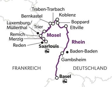 rhein-mosel-und-saar-immer-neue-windungen-8.jpg Karte von Mosel-Rhein-Route mit Städtenamen und Landesgrenzen.