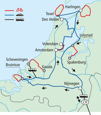 Karte mit Rad- und Autobahnstrecken zwischen verschiedenen Städten.